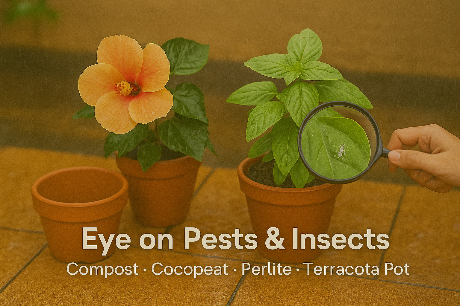 Inspecting balcony plants for pests and insects during monsoon – hand with magnifying glass examining basil leaves for aphids on a rainy Indian balcony